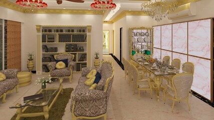 3d render Illustration classic style living room with dining table . white, black and gold color theme classic combinations.