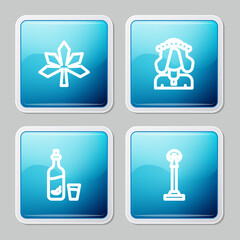 Set line Chestnut leaf, Ukrainian woman, Vodka with pepper and glass and Monument of Independence icon. Vector