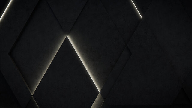 Dark, Concrete wall background, with integrated White light strips. Geometric Tech Wallpaper with Illuminated, Futuristic, 3D Blocks. 3D render