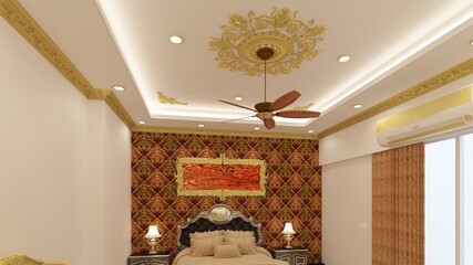 3d render Illustration classic style bedroom ceiling. white, red and gold color theme classic combinations. © Krishna Maharana