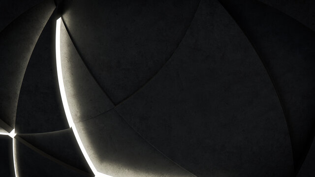 Dark, Concrete wall background, with integrated White light strips. Geometric Tech Wallpaper with Illuminated, Futuristic, 3D Blocks. 3D render