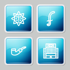 Set line Sunflower, Medieval sword, Smoking pipe and Hotel Ukraina building icon. Vector