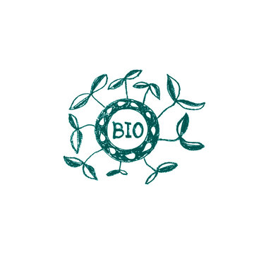 Vectorbio symbol in trendy hand-drawn style. Microgreens sign, eco products, emblem of natural organic cosmetics packaging design. Biological icon. Badge of healthy eating. Stamp healthy food.