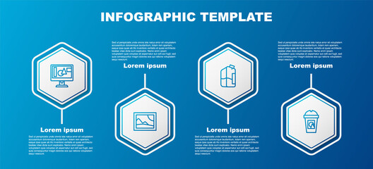 Set line Computer monitor screen, Picture landscape, Printer ink bottle and Coffee cup go. Business infographic template. Vector