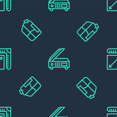 Set line Scanner, Printer ink bottle and Paper size on seamless pattern. Vector