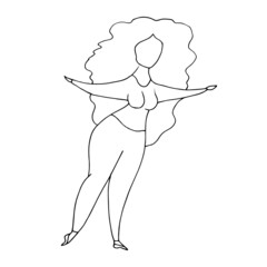 The girl is doing sport exersise,  dancing. Sports activities, healthy lifestyle. Vector linear illustration. Line art.