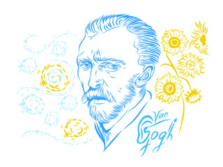 Vector illustration of a portrait of Vincent van Gogh on a background of sunflowers and clouds.