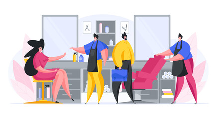 Vector illustration of contemporary hairdresser and barber welcoming male and female clients while working in barbershop and salon on white background