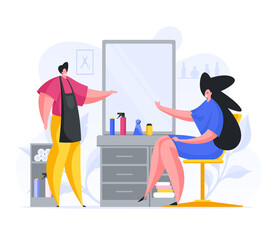 Flat style of cartoon male hairdresser in apron chatting with trendy female customer sitting near mirror in modern salon on white background