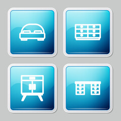 Set line Big bed, Chest of drawers, and Office desk icon. Vector