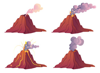 Obraz premium Volcanic eruption stages. Volcano erupts with hot lava, fire and clouds of smoke, ash and gases. Vector cartoon set of mountain with crater and flow magma isolated on white background