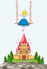 Naklejka premium fairy-tale composition with a castle and a princess on a swing