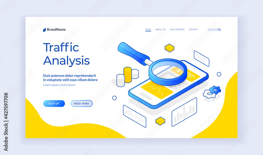 Poster traffic analysis. isometric banner template with magnifying glass above mobile phone for concept of 