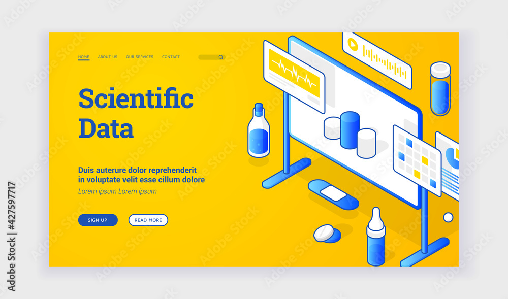 Poster scientific data. isometric vector front web page with elements of board and lab equipment presenting