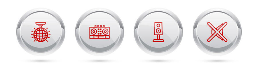 Obraz premium Set line Disco ball, DJ remote and mixing music, Stereo speaker and Speaker mute. Silver circle button. Vector