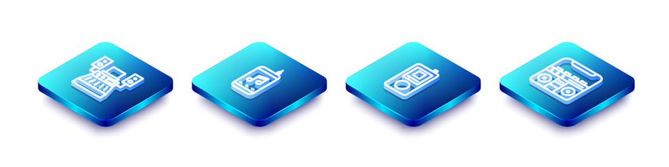 Set Isometric line Music recording studio, player, and Home stereo with speakers icon. Vector