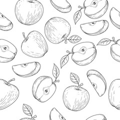 Apple seamless pattern engraved vintage illustration isolated on white background. Organic food hand drawn sketch . Black outline. - 427597940