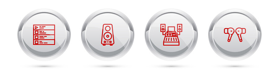 Set line Music playlist, Stereo speaker, recording studio and Air headphones. Silver circle button. Vector