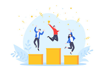 People standing on the podium rank first three places, jumps in the air with trophy cap. Employee recognition and competition award winner business concept flat style design vector illustration.