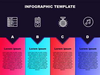 Set line Music playlist, player, Disco ball and note, tone. Business infographic template. Vector
