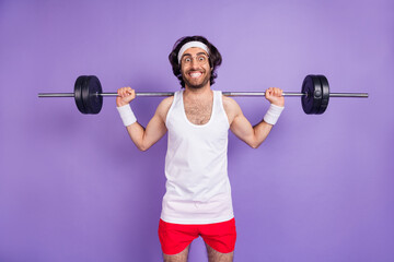 Obraz premium Photo of optimistic brunette guy hold barbell wear spectacles white singlet red shirts isolated on lilac color background