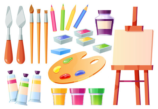 Artist tools, brushes, palette, easel and paints. Creative painter equipment for craft and drawing. Vector cartoon set of watercolor, acrylic and gouache, palette knife, white canvas and pencils