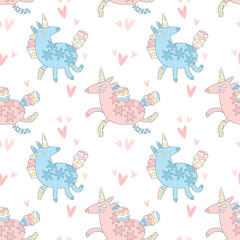 Cute funny unicorn. Magical animal. Hearts. Pink and blue. Seamless vector pattern (background). Cartoon doodle print. White background. 