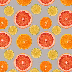 Summer Seamless pattern of juicy Orange grapefruit manadarine tangerine lime Fruit slice on gray background. Healthy food lifestile.  fruit juice advertising, textile print. Summer rest concept.