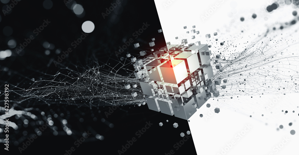 Leinwandbilder Black-white interior poster. Square, cube and block array. Polygonal network and high tech 3D illustration. Border of two worlds and artificial intelligence