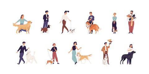 Fototapeta na wymiar Set of pet owners with purebred dogs. Happy people with canine winner's golden cups and medals. Men and women with doggies and puppies. Colored flat vector illustration isolated on white background