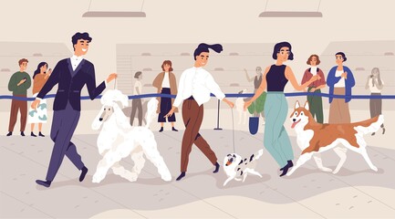 Happy pet owners presenting their cute doggies at dog show. People leading obedient animals at breed exhibition. Colored flat vector illustration of canine contest, championship or competition