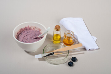 Blueberry face mask ingredients. DIY homemade natural skin care product.