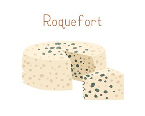 Gourmet cheese wheel of Roquefort with blue mold. Cut triangle piece of delicious moldy chees. Colored flat vector illustration of French or Swiss delicatessen food isolated on white background
