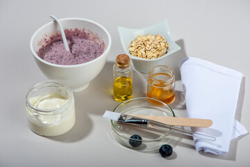 Fototapeta na wymiar Blueberry face mask ingredients. DIY homemade natural skin care product.