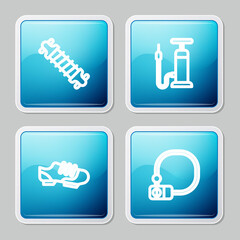 Set line Bicycle suspension, air pump, shoes and lock icon. Vector