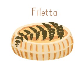 Soft cheese wheel of Filetta Corsica decorated with fern sprig. Whole head of gourmet French herbal chees. Colored flat vector illustration of delicatessen food isolated on white background