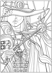 A beautiful witch girl with a glowing magic wand in a huge witch hat. Coloring page for adults. 2d illustration