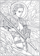 Coloring page for adults. Handsome warrior angel with an open muscular torso in a plate shoulder with a sword and shield looks menacingly in front of him, 2D illustration 