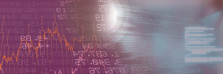 Financial data and computer code against gradient background, finance and programming concept