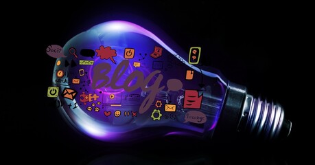 Light bulb and social media icons over black background, internet and social media concept