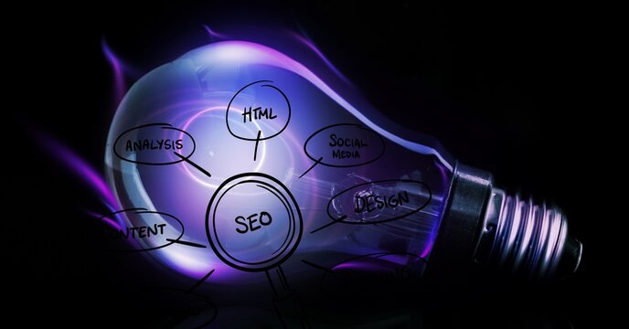 Light bulb and seo graph over black background, search engine optimization concept