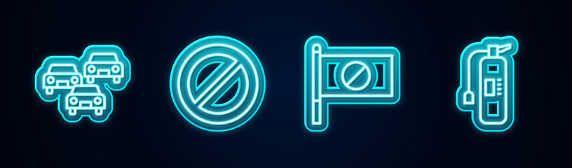 Set line Traffic jam, Ban, Protest and Fire extinguisher. Glowing neon icon. Vector