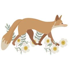 Going fox and flowers in scandinavian nordic style vector illiustration