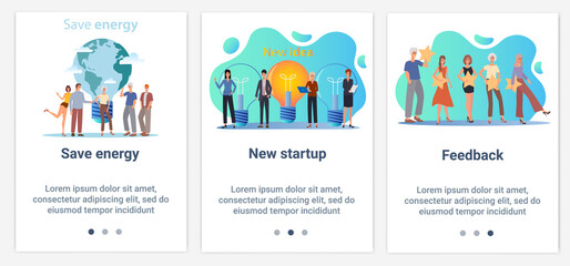 Modern flat illustrations in the form of a slider for web design. A set of UI and UX interfaces for the user interface.The topic is Energy conservation, a new startup and feedback.
