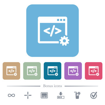 Web development flat icons on color rounded square backgrounds