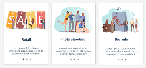 Modern flat illustrations in the form of a slider for web design. A set of UI and UX interfaces for the user interface.Theme Retail, photography and big sale.