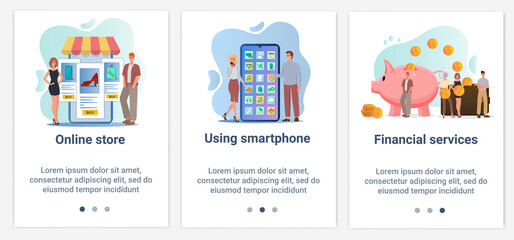 Modern flat illustrations in the form of a slider for web design. A set of UI and UX interfaces for the user interface.Topic Smartphone usage,online store,financial services.