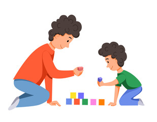 Characters for Fatheres Day. Father and son play together with dice, build a castle.