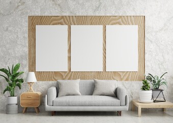 White poster on the wooden wall in the living room. Decorated with lamps, sofas and plants on the floor. It has a beautiful white marble background.3d rendering.