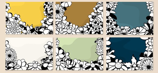 A set of cards with flowers on different backgrounds. Modern design.
